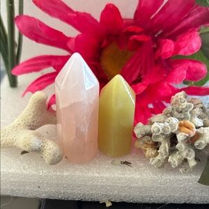 Rose Quartz, Yellow Jade towers and 2 corals